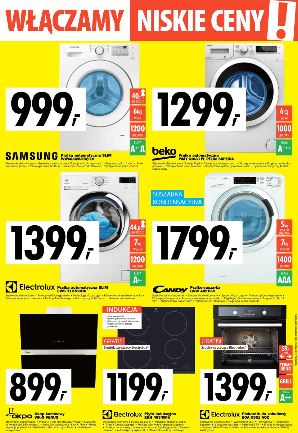 Funkcja kontroli piany Technologia Diamond Drum Zabezpieczenie przed zalaniem Zabezpieczenie przed dziećmi 6kg WSAD 1000 OBR./MIN.