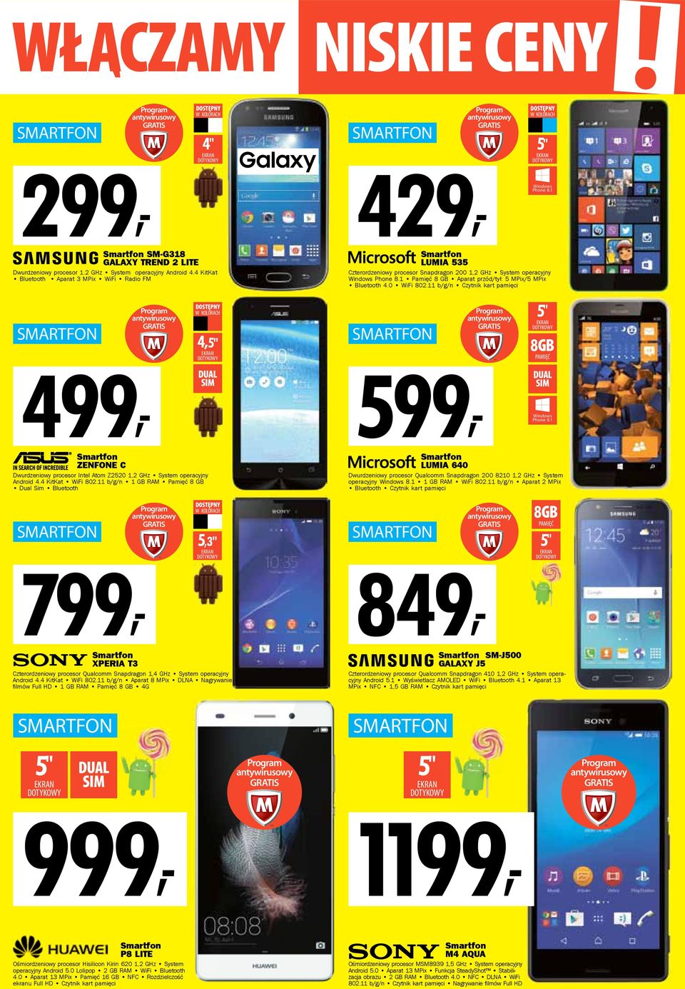 1 Pamięć 8 GB Aparat przód/tył: 5 MPix/5 MPix Bluetooth 4.0 WiFi 802.11 b/g/n Czytnik kart pamięci DOSTĘPNY 4,5" 5" 499, DUAL SIM 599, DUAL SIM Windows Phone 8.
