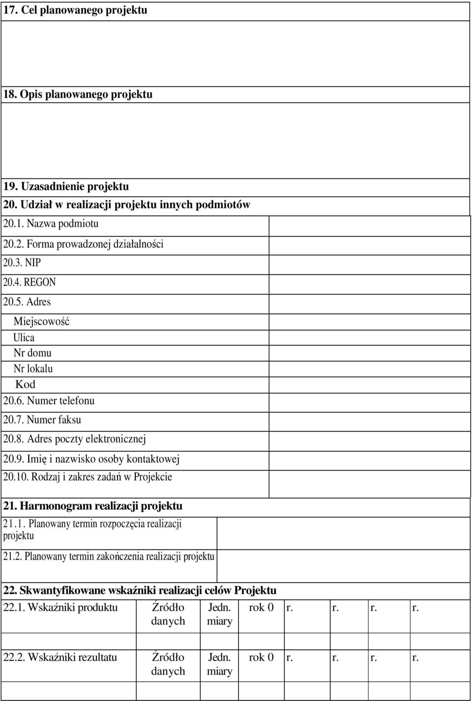 Rodzaj i zakres zadań w Projekcie 21. Harmonogram realizacji projektu 21.1. Planowany termin rozpoczęcia realizacji projektu 21.2. Planowany termin zakończenia realizacji projektu 22.