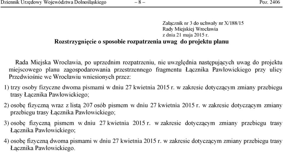 przestrzennego fragmentu Łącznika Pawłowickiego przy ulicy Przedwiośnie we Wrocławiu wniesionych przez: 1) trzy osoby fizyczne dwoma pismami w dniu 27 kwietnia 2015 r.