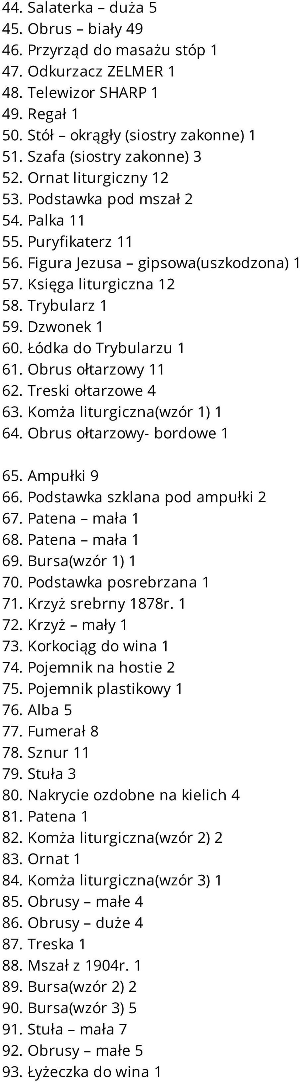 Łódka do Trybularzu 1 61. Obrus ołtarzowy 11 62. Treski ołtarzowe 4 63. Komża liturgiczna(wzór 1) 1 64. Obrus ołtarzowy- bordowe 1 65. Ampułki 9 66. Podstawka szklana pod ampułki 2 67.