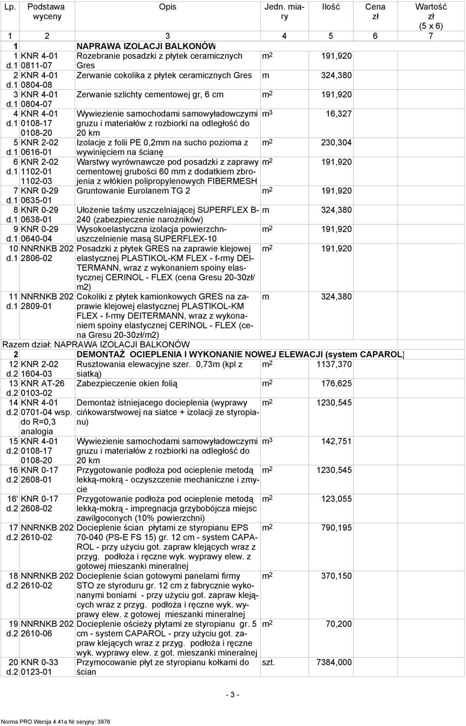 1 0108-17 Wywiezienie samochodami samowyładowczymi m 3 gruzu i materiałów z rozbiorki na odległość do 16,327 0108-20 5 KNR 2-02 d.1 0616-01 6 KNR 2-02 d.1 1102-01 1102-03 7 KNR 0-29 d.