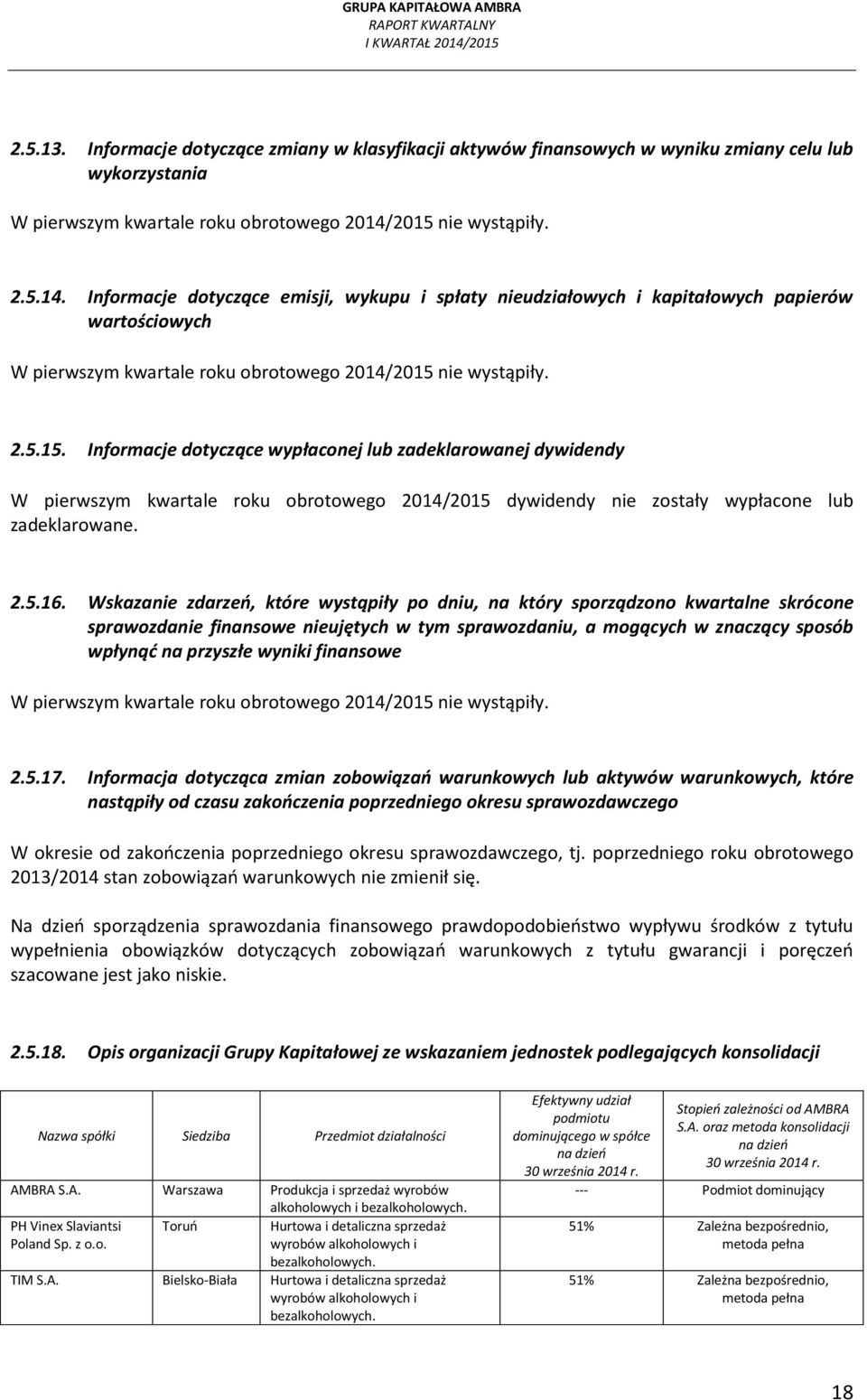 Informacje dotyczące wypłaconej lub zadeklarowanej dywidendy W pierwszym kwartale roku obrotowego dywidendy nie zostały wypłacone lub zadeklarowane. 2.5.16.