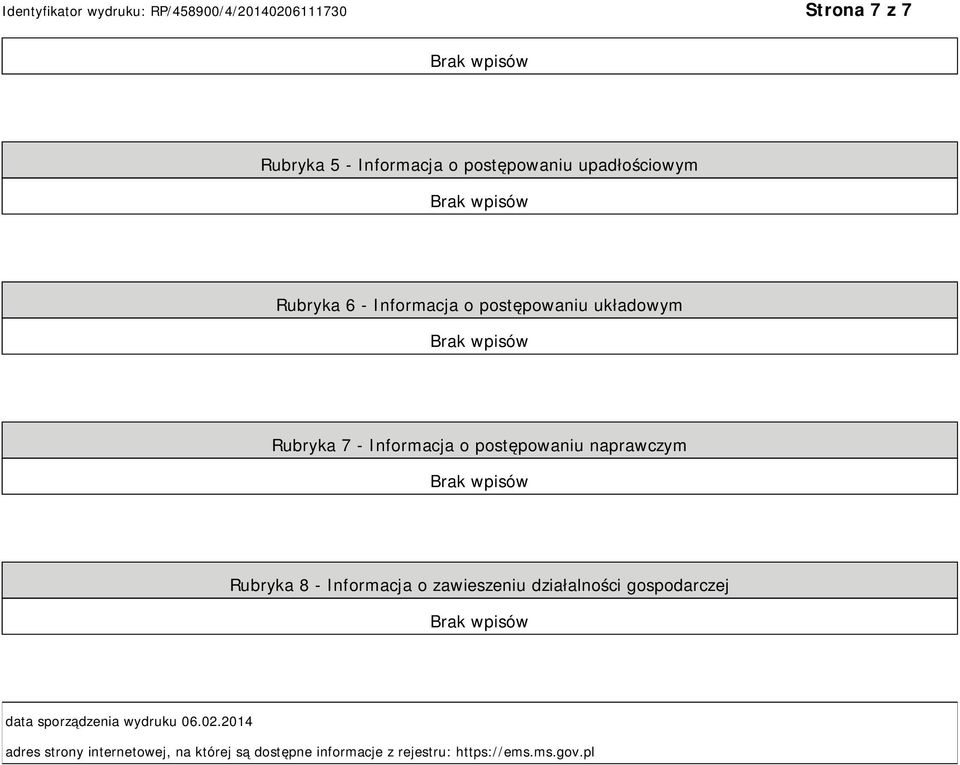 Informacja o zawieszeniu działalności gospodarczej data sporządzenia wydruku 06.02.