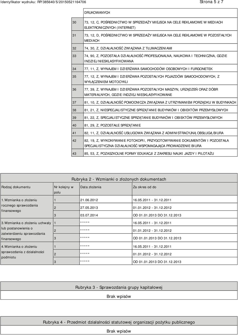 DZIERŻAWA SAMOCHODÓW OSOBOWYCH I FURGONETEK 35 77, 12, Z, WYNAJEM I DZIERŻAWA POZOSTAŁYCH POJAZDÓW SAMOCHODOWYCH, Z WYŁĄCZEM MOTOCYKLI 36 77, 39, Z, WYNAJEM I DZIERŻAWA POZOSTAŁYCH MASZYN, URZĄDZEŃ