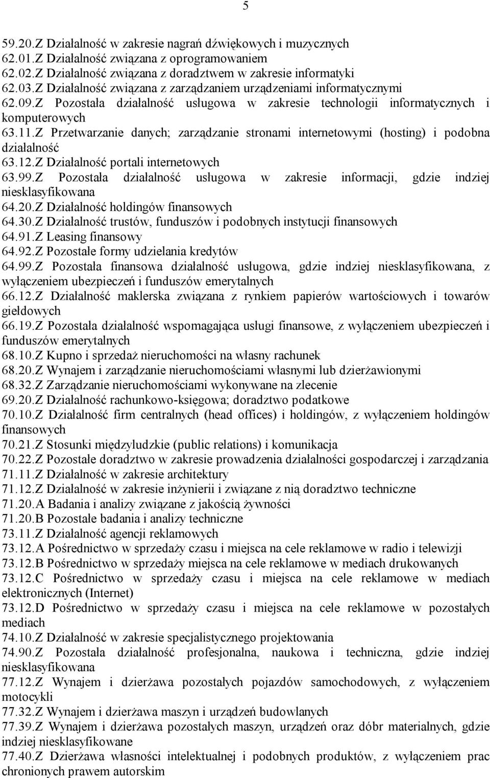 Z Przetwarzanie danych; zarządzanie stronami internetowymi (hosting) i podobna działalność 63.12.Z Działalność portali internetowych 63.99.