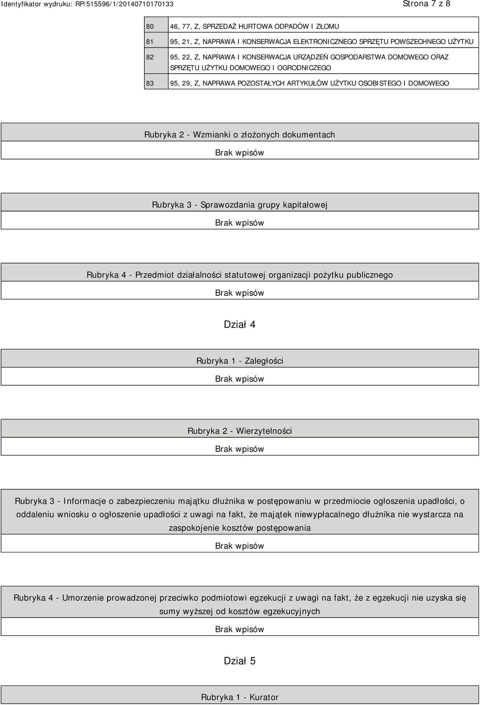 grupy kapitałowej Rubryka 4 - Przedmiot działalności statutowej organizacji pożytku publicznego Dział 4 Rubryka 1 - Zaległości Rubryka 2 - Wierzytelności Rubryka 3 - Informacje o zabezpieczeniu