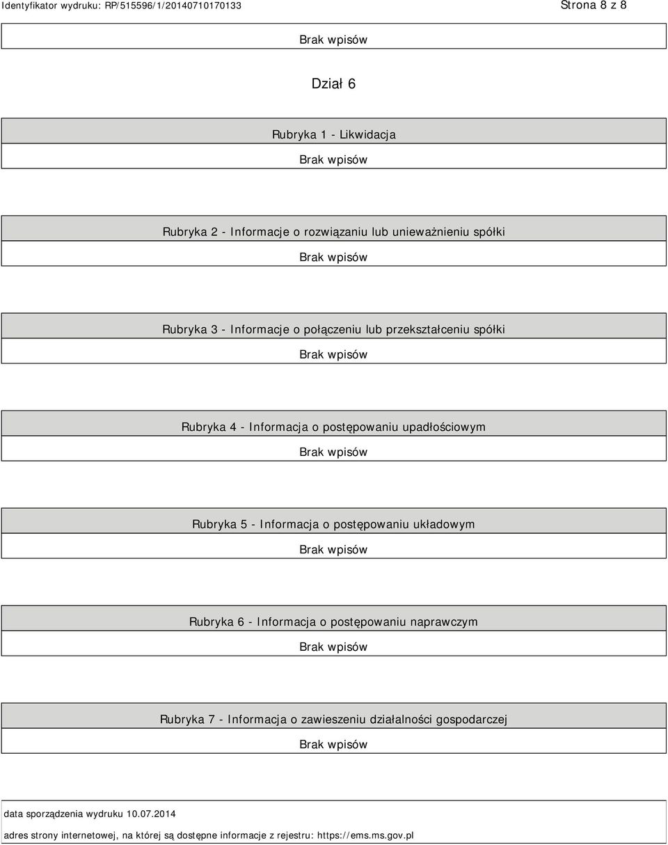 postępowaniu układowym Rubryka 6 - Informacja o postępowaniu naprawczym Rubryka 7 - Informacja o zawieszeniu działalności