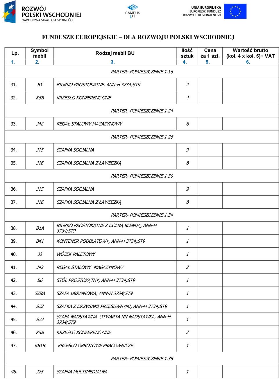 J6 SZAFKA SOCJALNA Z ŁAWECZKĄ 8 PARTER- POMIESZCZENIE.34 38. BA 39. BK KONTENER PODBLATOWY, ANN-H 40. J3 WÓZEK PALETOWY 4. J42 REGAŁ STALOWY MAGAZYNOWY 2 42. B6 STÓŁ PROSTOKĄTNY, ANN-H 43.