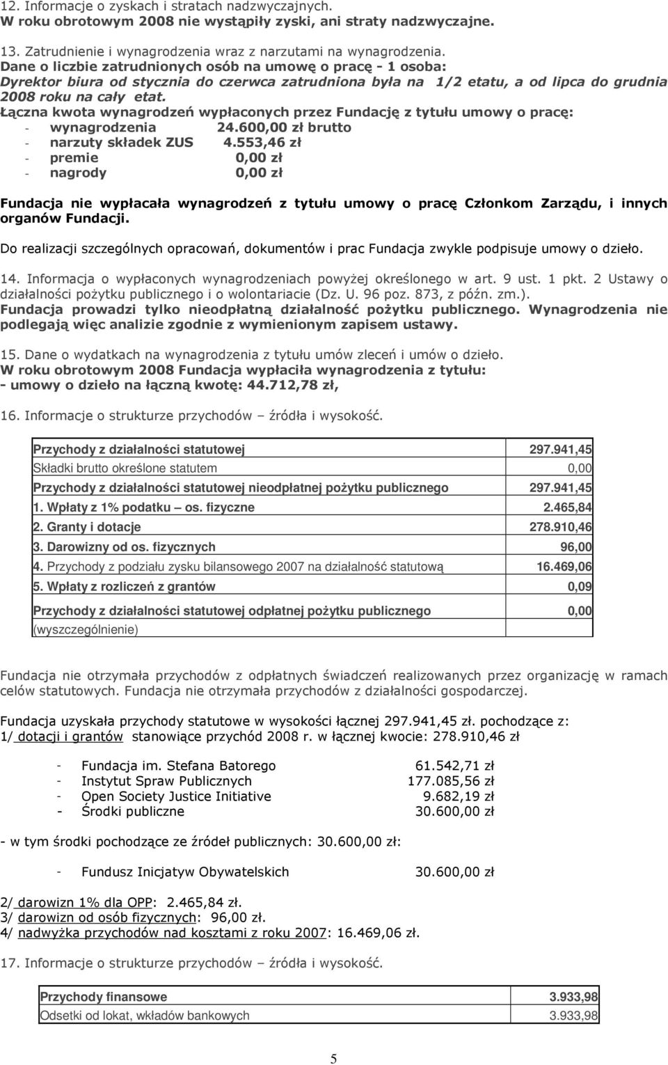 Łączna kwota wynagrodzeń wypłaconych przez Fundację z tytułu umowy o pracę: - wynagrodzenia 24.600,00 zł brutto - narzuty składek ZUS 4.