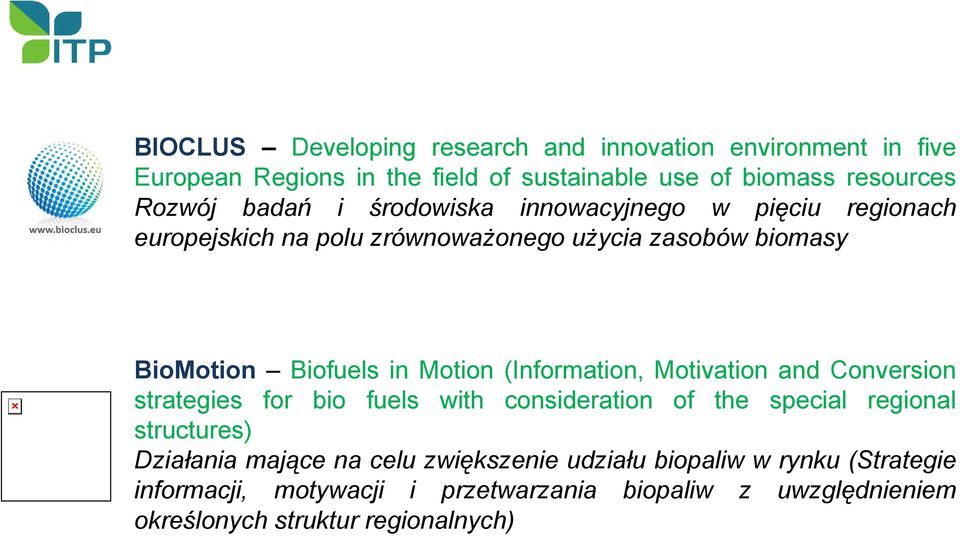 (Information, Motivation and Conversion strategies for bio fuels with consideration of the special regional structures) Działania mające na