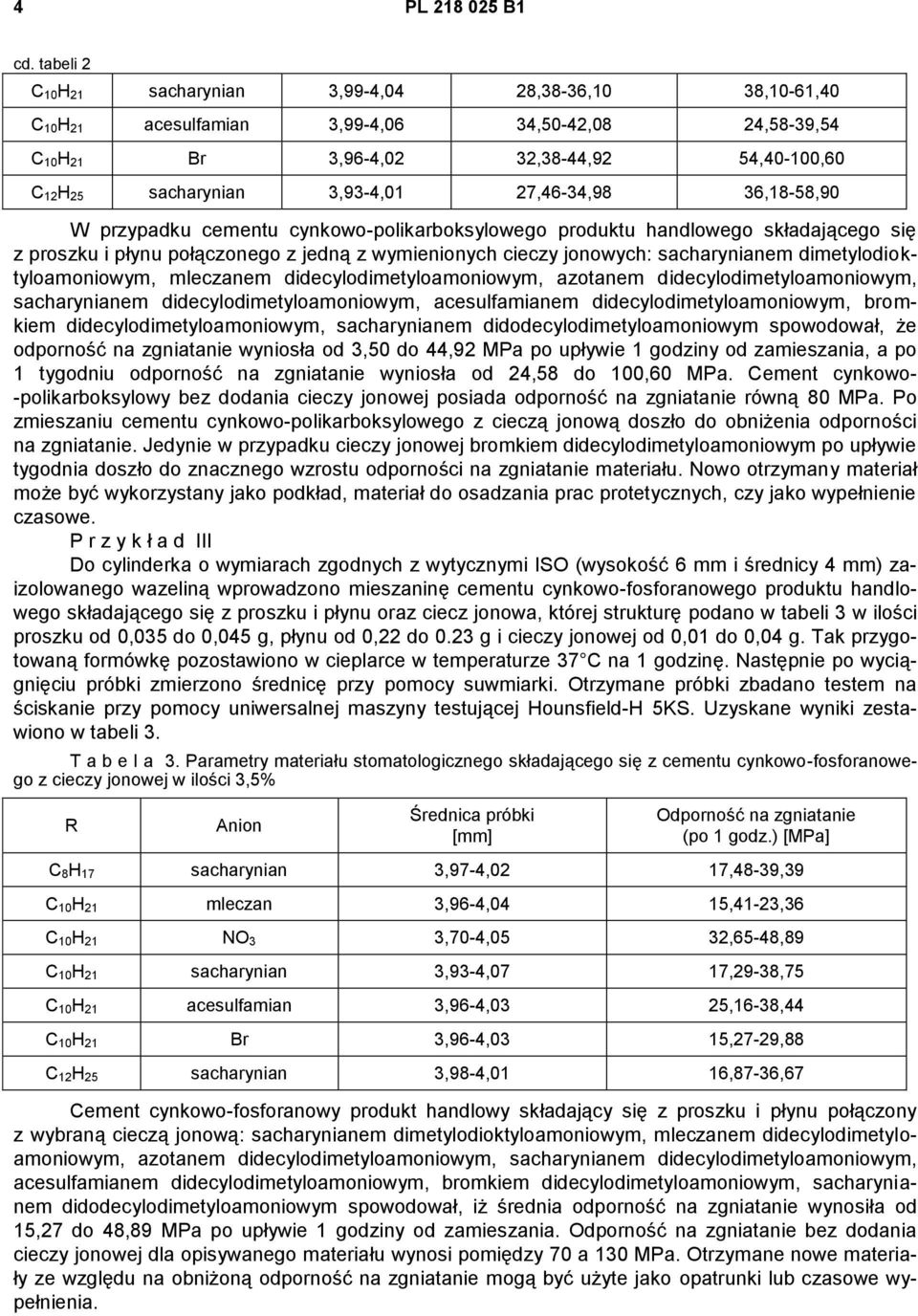 27,46-34,98 36,18-58,90 W przypadku cementu cynkowo-polikarboksylowego produktu handlowego składającego się z proszku i płynu połączonego z jedną z wymienionych cieczy jonowych: sacharynianem