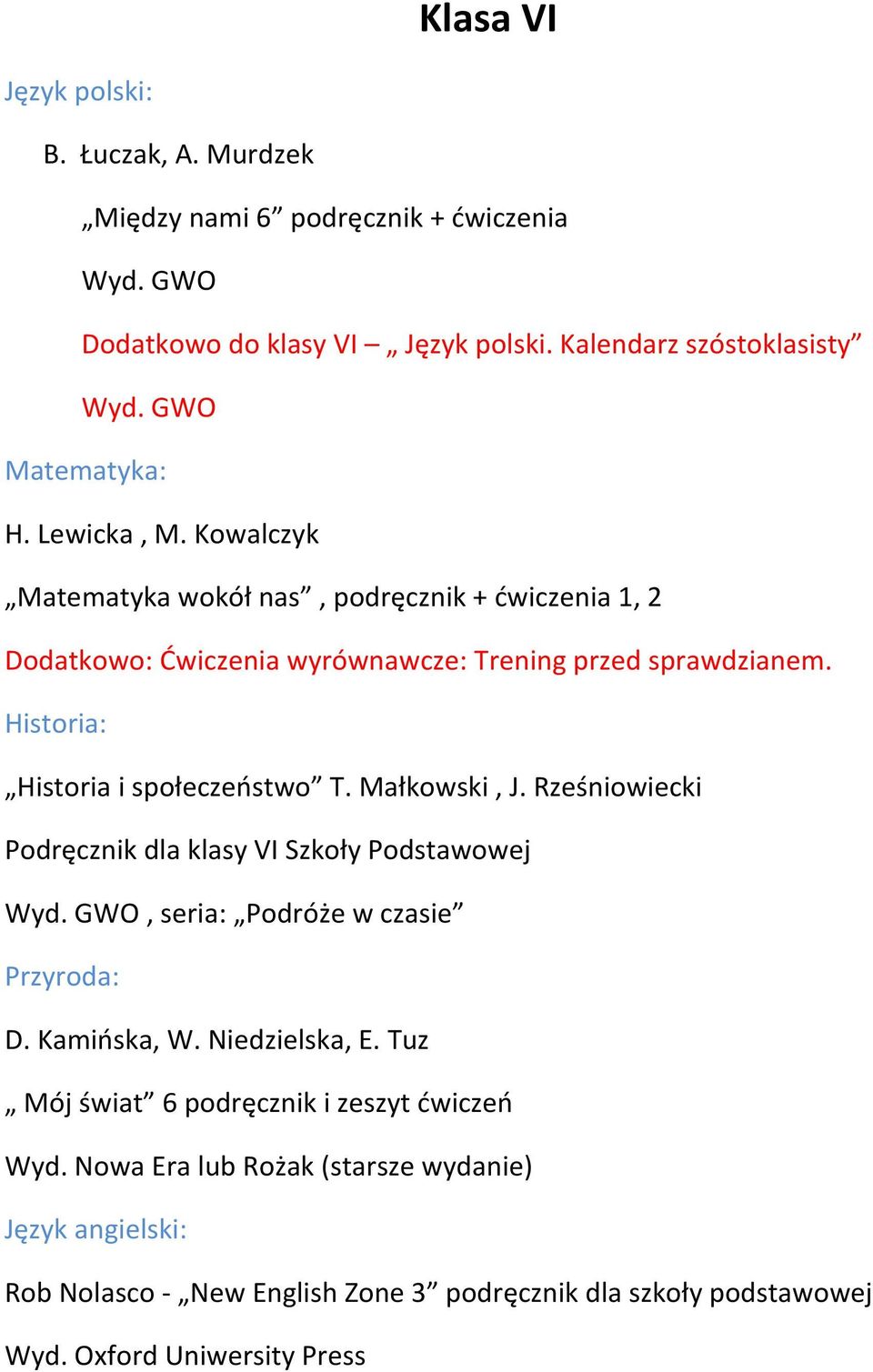 Historia: Historia i społeczeństwo T. Małkowski, J. Rześniowiecki Podręcznik dla klasy VI Szkoły Podstawowej Wyd. GWO, seria: Podróże w czasie Przyroda: D.