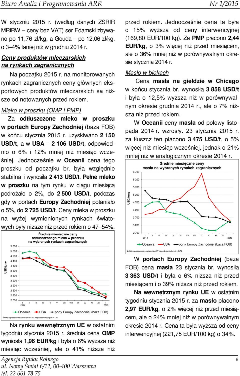 Mleko w proszku (OMP i PMP) Za odtłuszczone mleko w proszku w portach Europy Zachodniej (baza FOB) w końcu stycznia 2015 r.