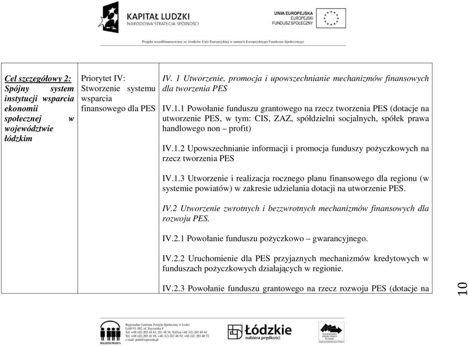 1.2 Upowszechnianie informacji i promocja funduszy poŝyczkowych na rzecz tworzenia PES IV.1.3 Utworzenie i realizacja rocznego planu finansowego dla regionu (w systemie powiatów) w zakresie udzielania dotacji na utworzenie PES.