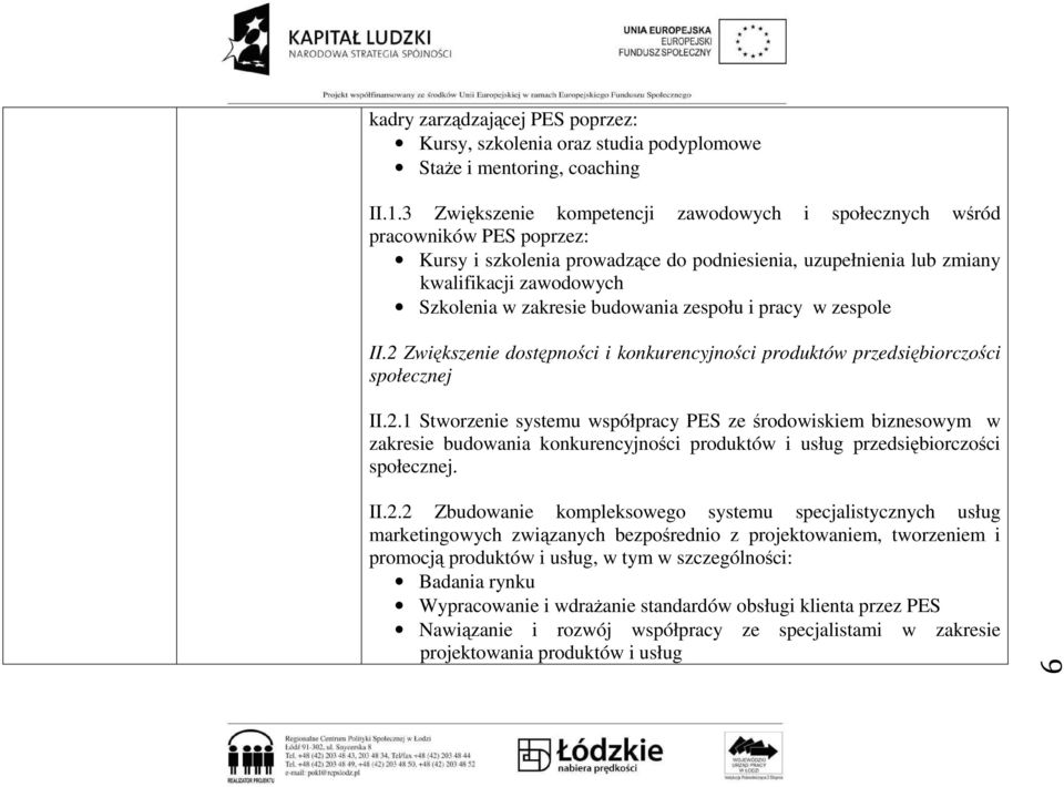 budowania zespołu i pracy w zespole II.2 Zwiększenie dostępności i konkurencyjności produktów przedsiębiorczości społecznej II.2.1 Stworzenie systemu współpracy PES ze środowiskiem biznesowym w zakresie budowania konkurencyjności produktów i usług przedsiębiorczości społecznej.