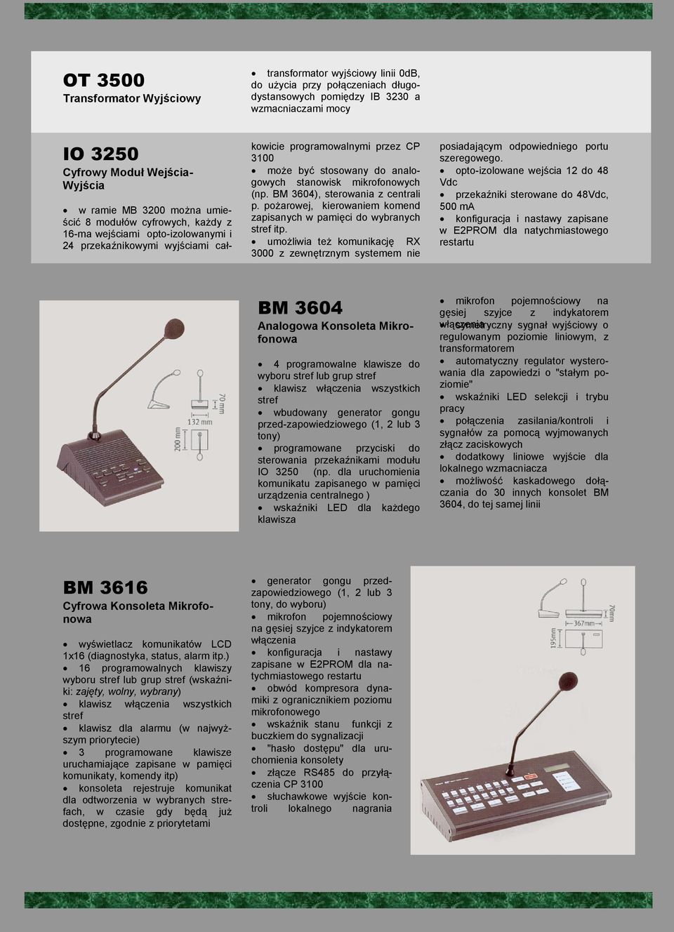 stanowisk mikrofonowych (np. BM 3604), sterowania z centrali p. pożarowej, kierowaniem komend zapisanych w pamięci do wybranych stref itp.