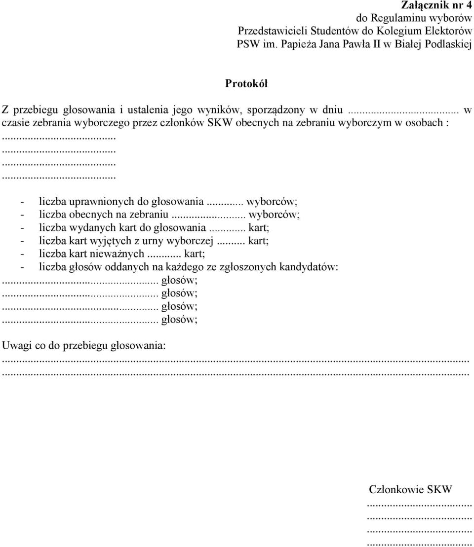 . w czasie zebrania wyborczego przez członków SKW obecnych na zebraniu wyborczym w osobach :............ - liczba uprawnionych do głosowania.