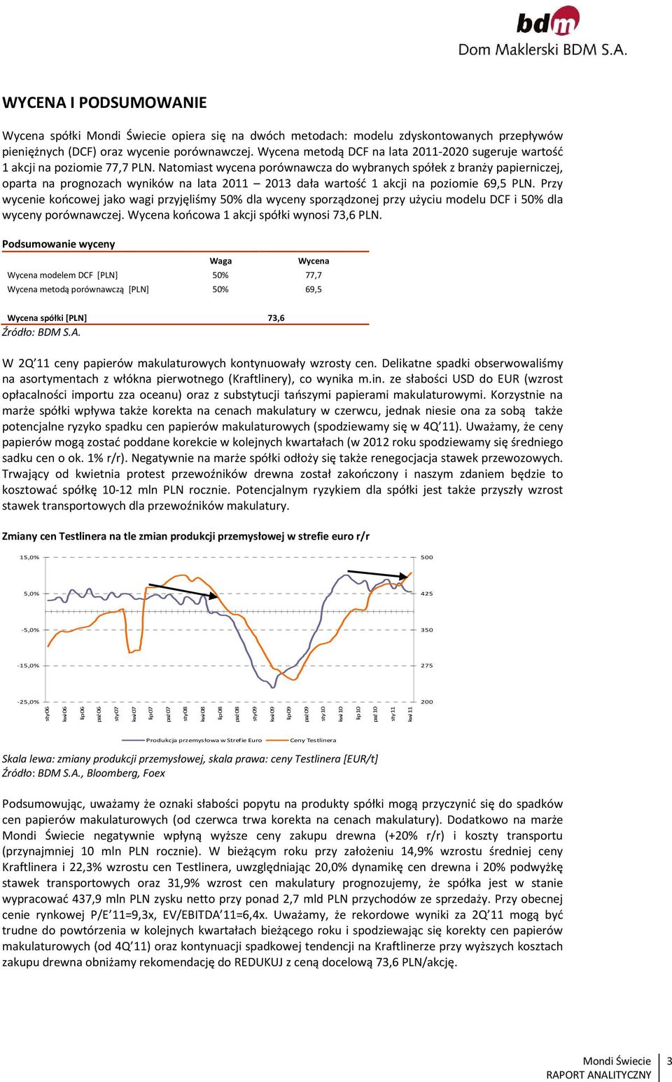 Natomiast wycena porównawcza do wybranych spółek z branży papierniczej, oparta na prognozach wyników na lata 2011 2013 dała wartość 1 akcji na poziomie 69,5 PLN.