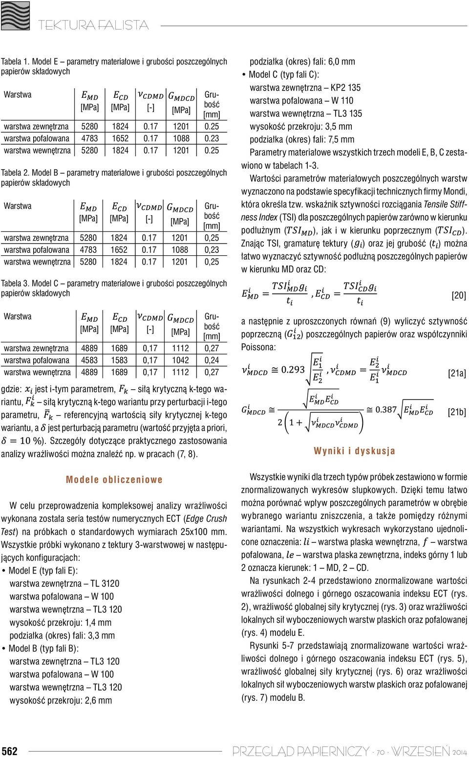 Model B parametry materiałowe i grubości poszczególnych papierów składowych Warstwa Grubość [MPa] [MPa] [-] [MPa] [mm] warstwa zewnętrzna 5280 1824 0.17 1201 0,25 warstwa pofalowana 4783 1652 0.
