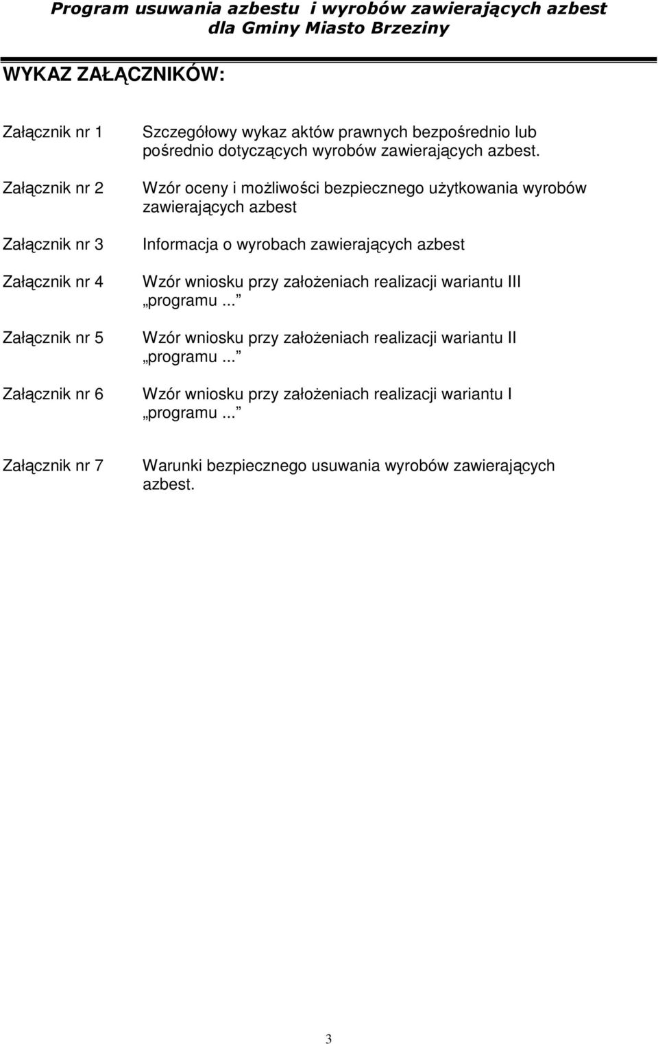Wzór oceny i moŝliwości bezpiecznego uŝytkowania wyrobów zawierających azbest Informacja o wyrobach zawierających azbest Wzór wniosku przy załoŝeniach