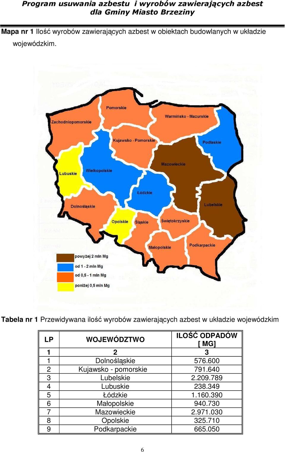 ODPADÓW [ MG] 1 2 3 1 Dolnośląskie 576.600 2 Kujawsko - pomorskie 791.640 3 Lubelskie 2.209.