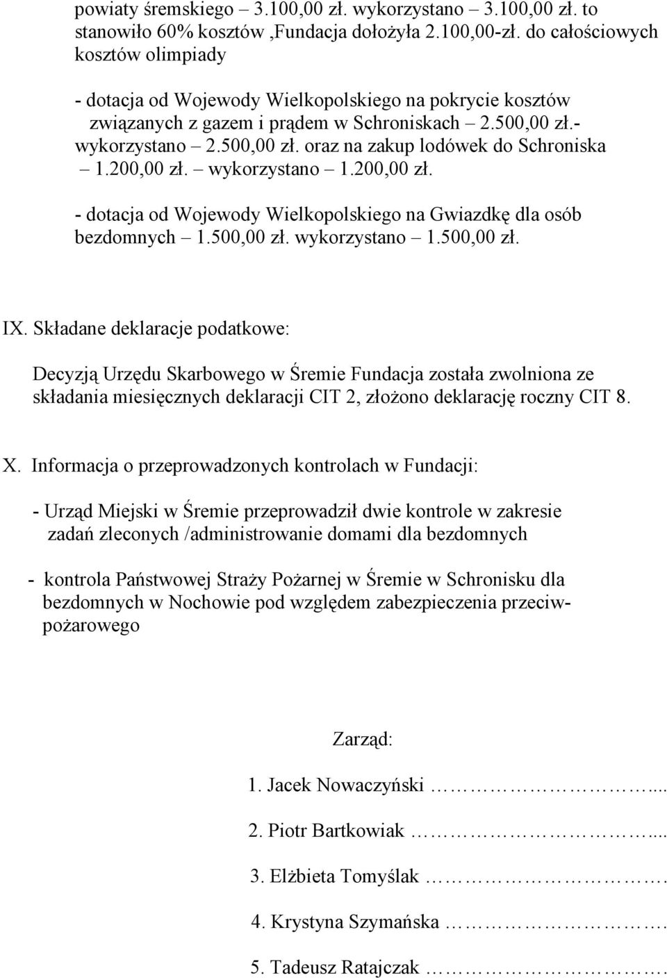 200,00 zł. wykorzystano 1.200,00 zł. - dotacja od Wojewody Wielkopolskiego na Gwiazdkę dla osób bezdomnych 1.500,00 zł. wykorzystano 1.500,00 zł. IX.