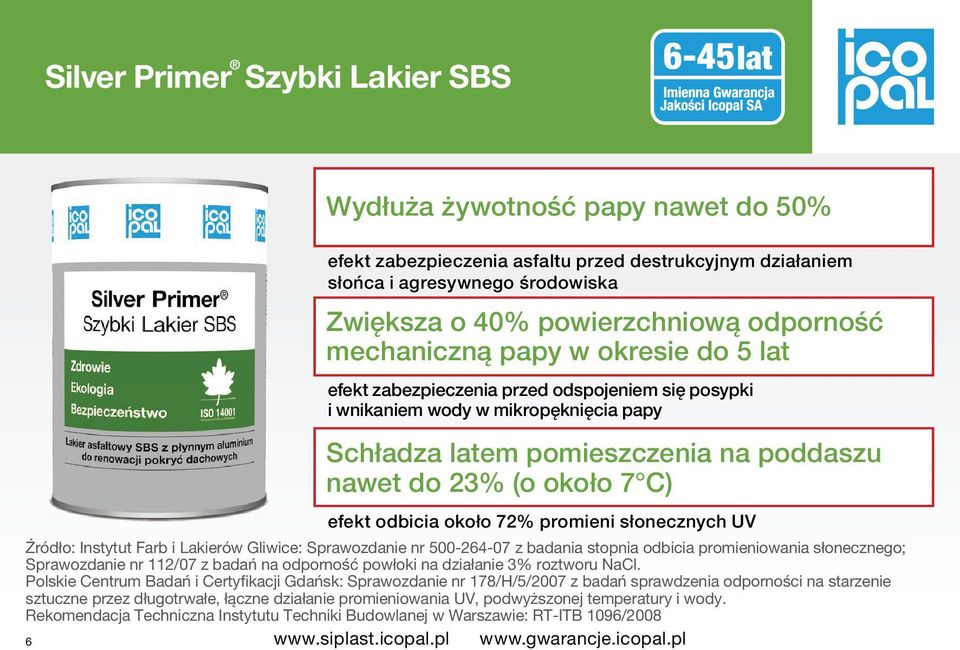 UV Źródło: Instytut Farb i Lakierów Gliwice: Sprawozdanie nr 500-264-07 z badania stopnia odbicia promieniowania słonecznego; Sprawozdanie nr 112/07 z badań na odporność powłoki na działanie 3%