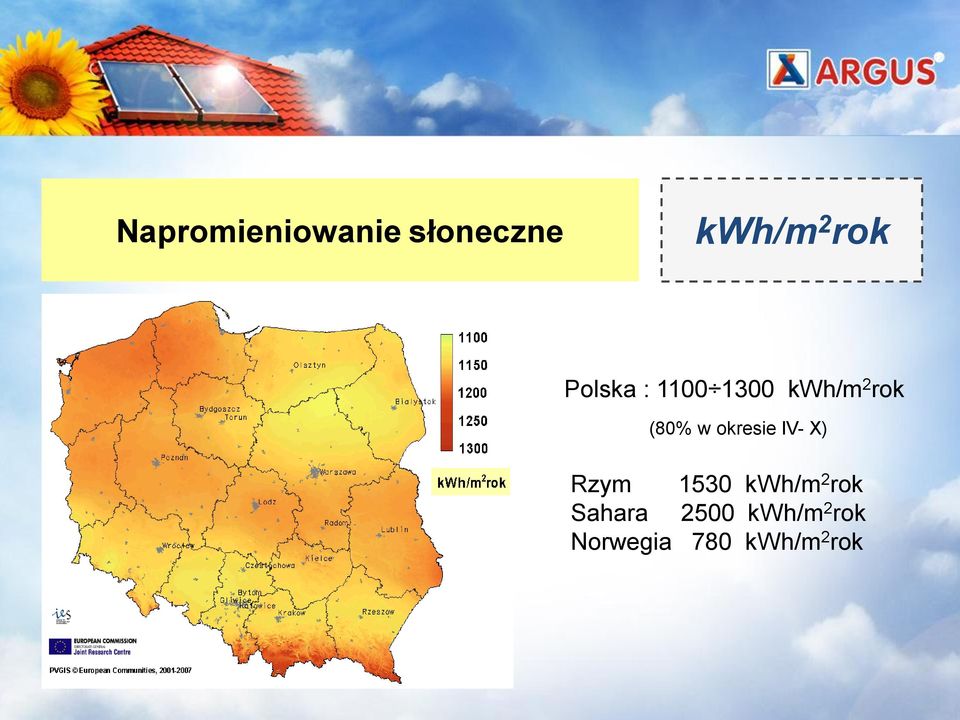 okresie IV- X) Rzym 1530 kwh/m 2 rok