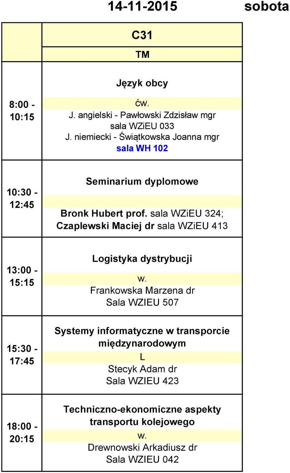 sala WZiEU 324; Czaplewski Maciej dr sala WZiEU 413 Frankowska Marzena dr Sala WZIEU