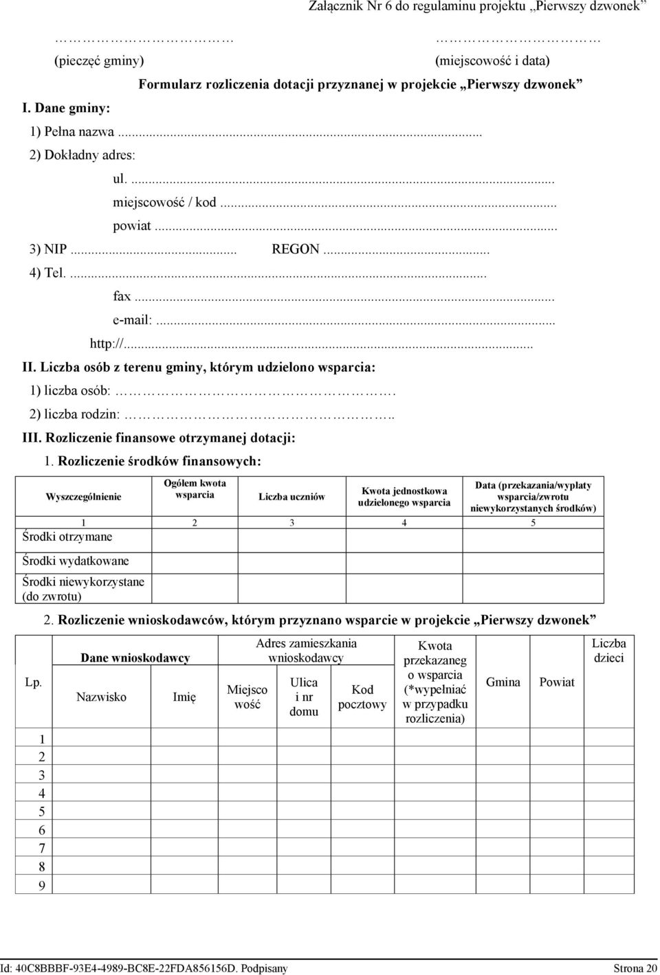 2) liczba rodzin:.. III. Rozliczenie finansowe otrzymanej dotacji: 1.
