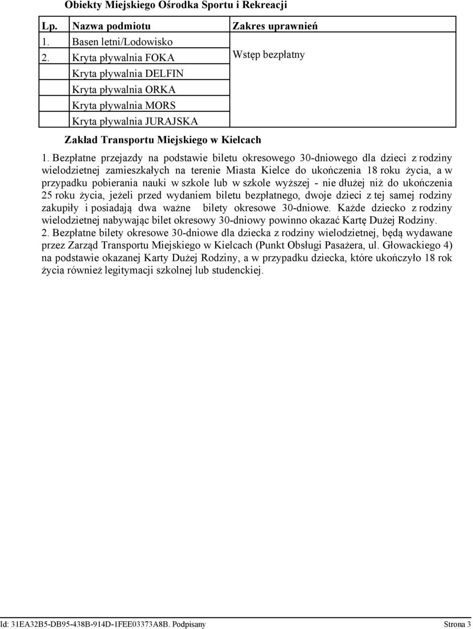 Bezpłatne przejazdy na podstawie biletu okresowego 30-dniowego dla dzieci z rodziny wielodzietnej zamieszkałych na terenie Miasta Kielce do ukończenia 18 roku życia, a w przypadku pobierania nauki w
