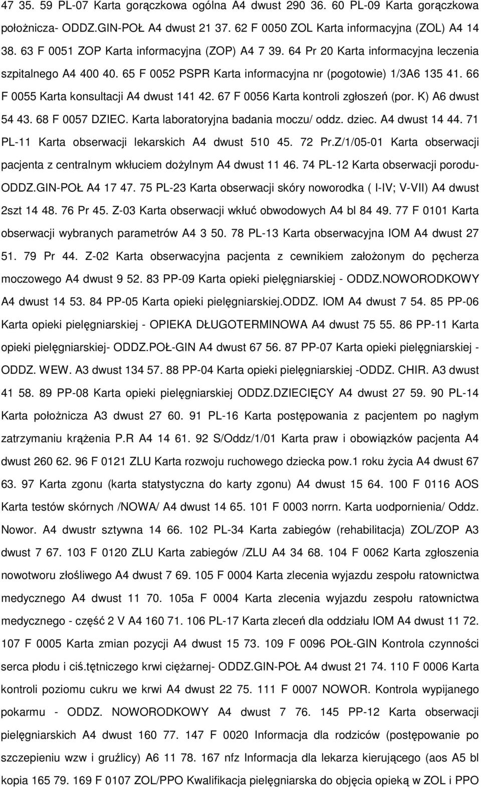66 F 0055 Karta konsultacji A4 dwust 141 42. 67 F 0056 Karta kontroli zgłoszeń (por. K) A6 dwust 54 43. 68 F 0057 DZIEC. Karta laboratoryjna badania moczu/ oddz. dziec. A4 dwust 14 44.