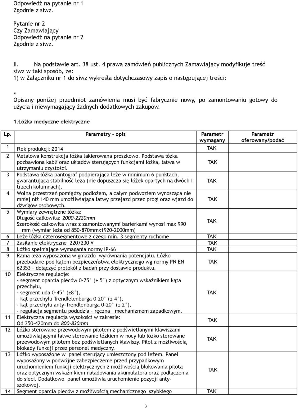 musi być fabrycznie nowy, po zamontowaniu gotowy do użycia i niewymagający żadnych dodatkowych zakupów. 1.Łóżka medyczne elektryczne Lp.