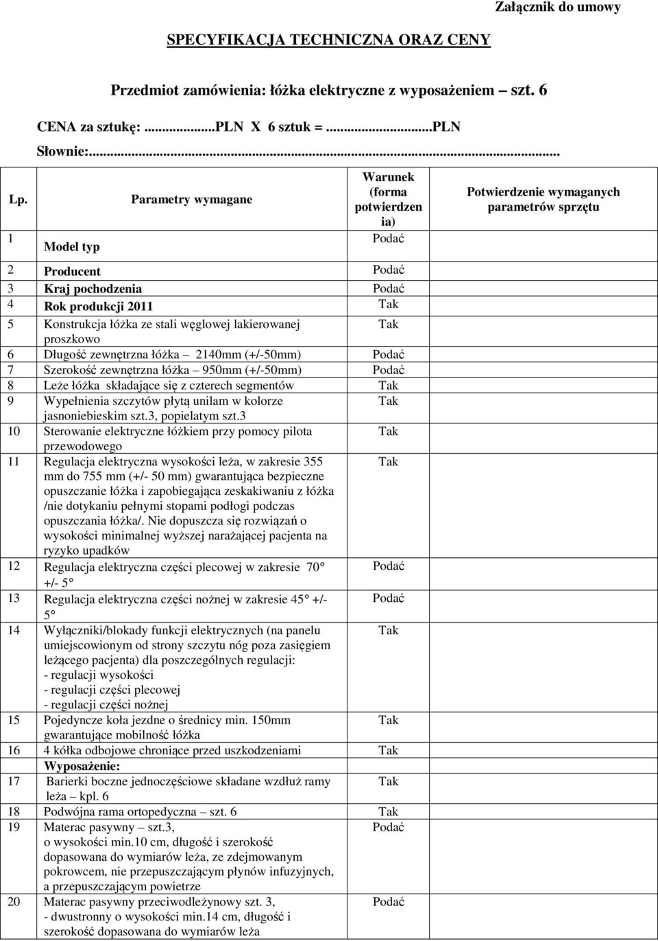 Szerokość zewnętrzna łóżka 950mm (+/-50mm) 8 Leże łóżka składające się z czterech segmentów 9 Wypełnienia szczytów płytą unilam w kolorze jasnoniebieskim szt.3, popielatym szt.