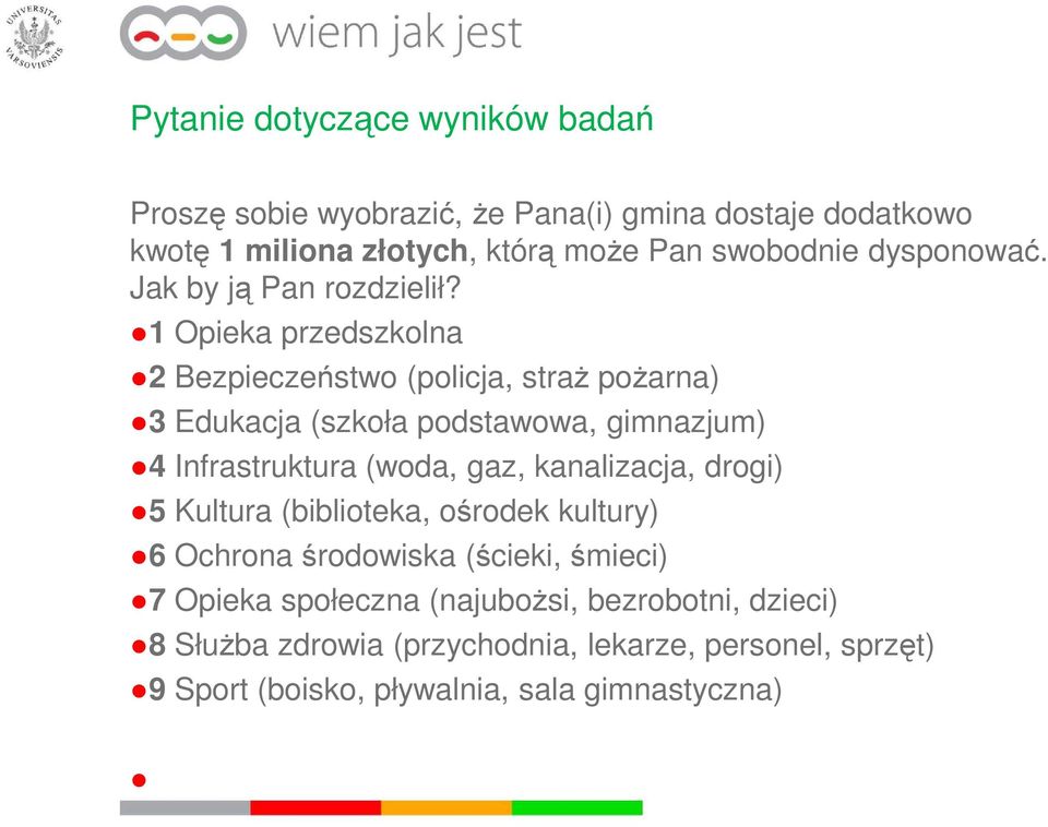 1 Opieka przedszkolna 2 Bezpieczeństwo (policja, straż pożarna) 3 Edukacja (szkoła podstawowa, gimnazjum) 4 Infrastruktura (woda, gaz,