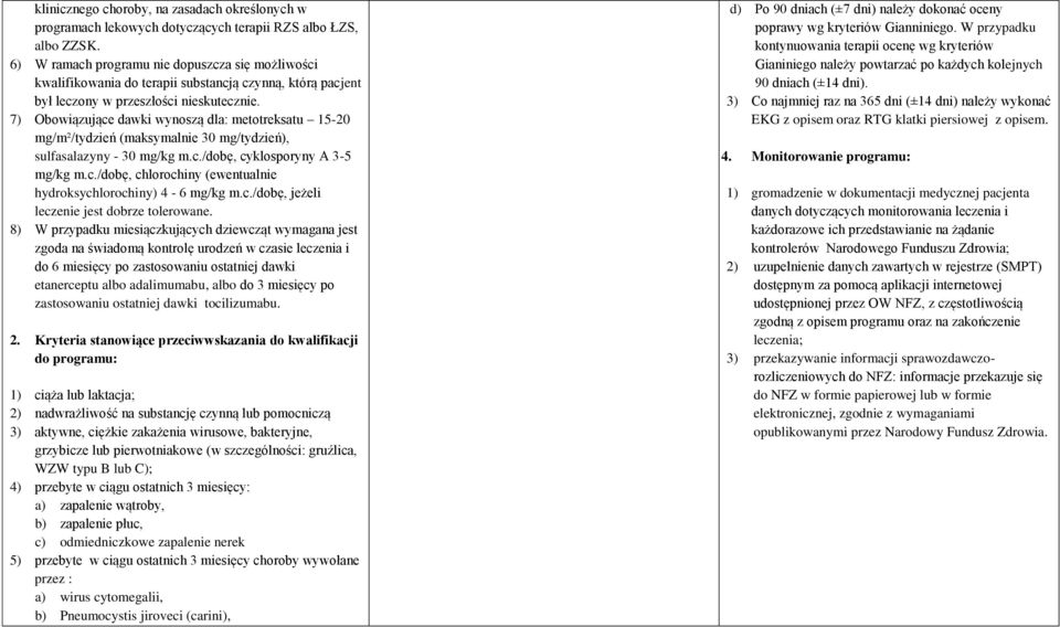 7) Obowiązujące dawki wynoszą dla: metotreksatu 15-20 mg/m²/tydzień (maksymalnie 30 mg/tydzień), sulfasalazyny - 30 mg/kg m.c./dobę, cyklosporyny A 3-5 mg/kg m.c./dobę, chlorochiny (ewentualnie hydroksychlorochiny) 4-6 mg/kg m.