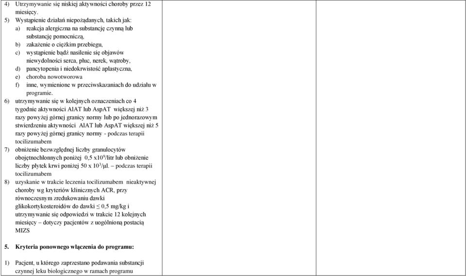 niewydolności serca, płuc, nerek, wątroby, d) pancytopenia i niedokrwistość aplastyczna, e) choroba nowotworowa f) inne, wymienione w przeciwskazaniach do udziału w programie.