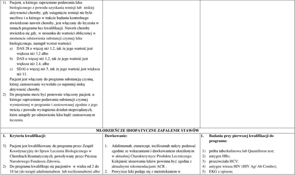 Nawrót choroby stwierdza się gdy, w stosunku do wartości obliczonej w momencie odstawienia substancji czynnej leku biologicznego, nastąpił wzrost wartości: a) DAS 28 o więcej niż 1,2, tak że jego