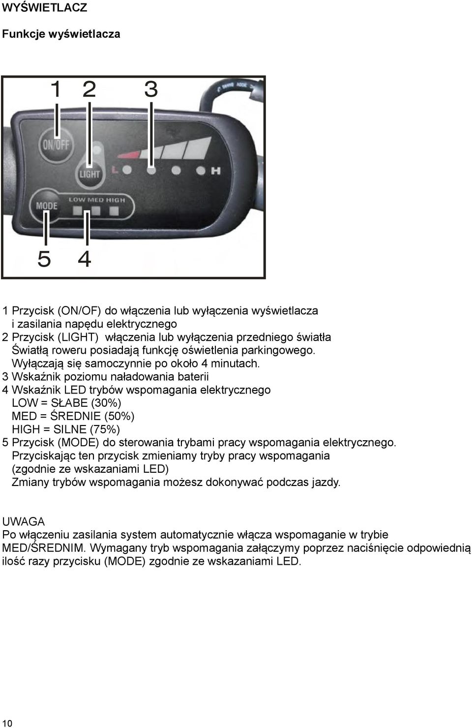 3 Wskaźnik poziomu naładowania baterii 4 Wskaźnik LED trybów wspomagania elektrycznego LOW = SŁABE (30%) MED = ŚREDNIE (50%) HIGH = SILNE (75%) 5 Przycisk (MODE) do sterowania trybami pracy