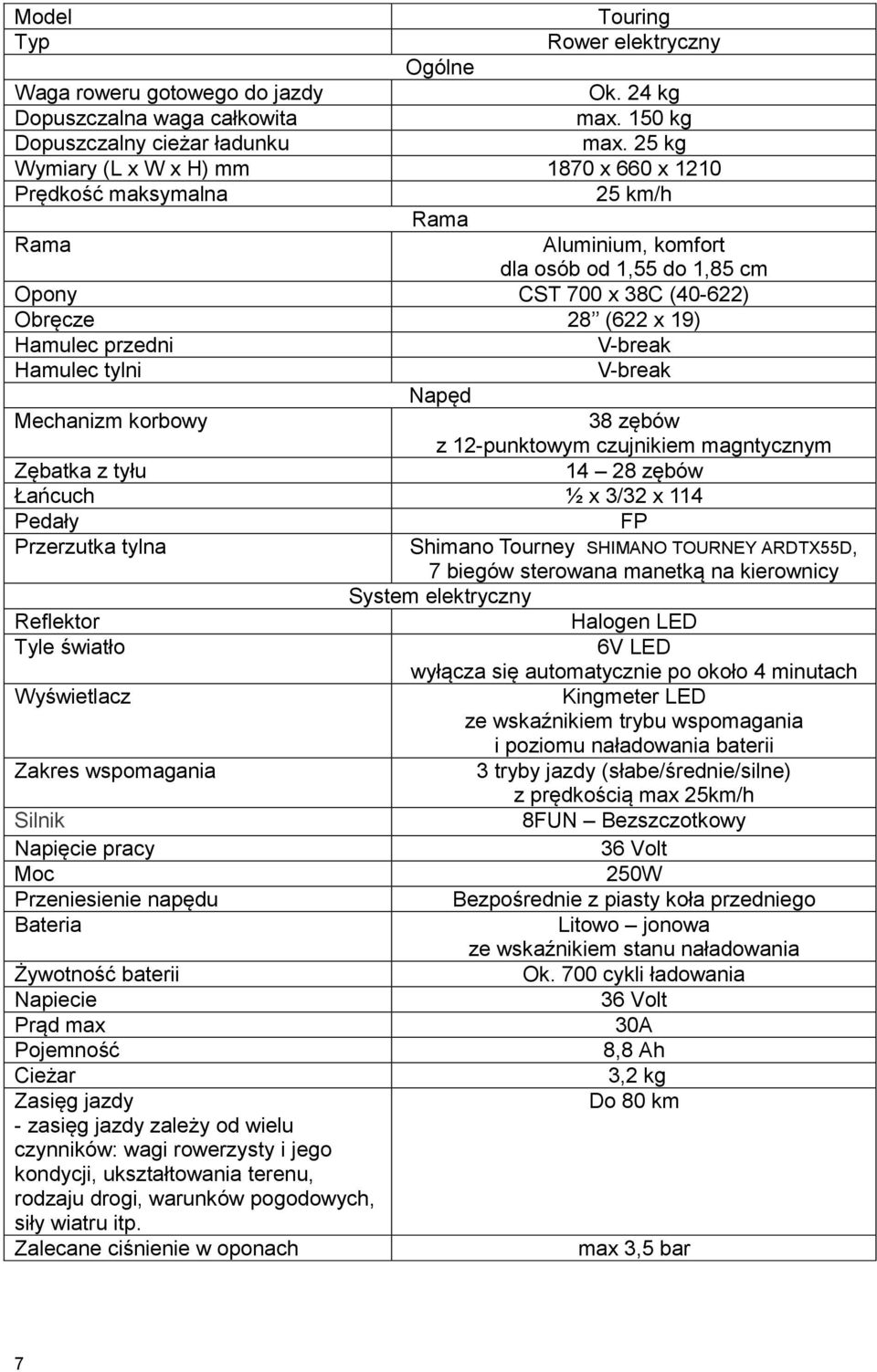 V-break Hamulec tylni V-break Napęd Mechanizm korbowy 38 zębów z 12-punktowym czujnikiem magntycznym Zębatka z tyłu 14 28 zębów Łańcuch ½ x 3/32 x 114 Pedały FP Przerzutka tylna Shimano Tourney