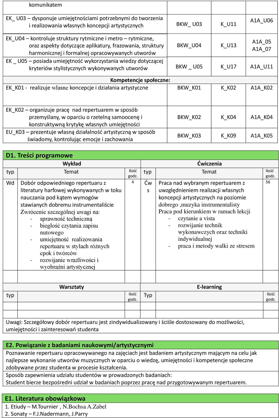 wykonywanych utworów BKW_U04 K_U13 A1A_05 A1A_07 BKW _ U05 K_U17 A1A_U11 Kompetencje społeczne: EK_K01 - realizuje własne koncepcje i działania artystyczne BKW_K01 K_K02 A1A_K02 EK_K02 organizuje