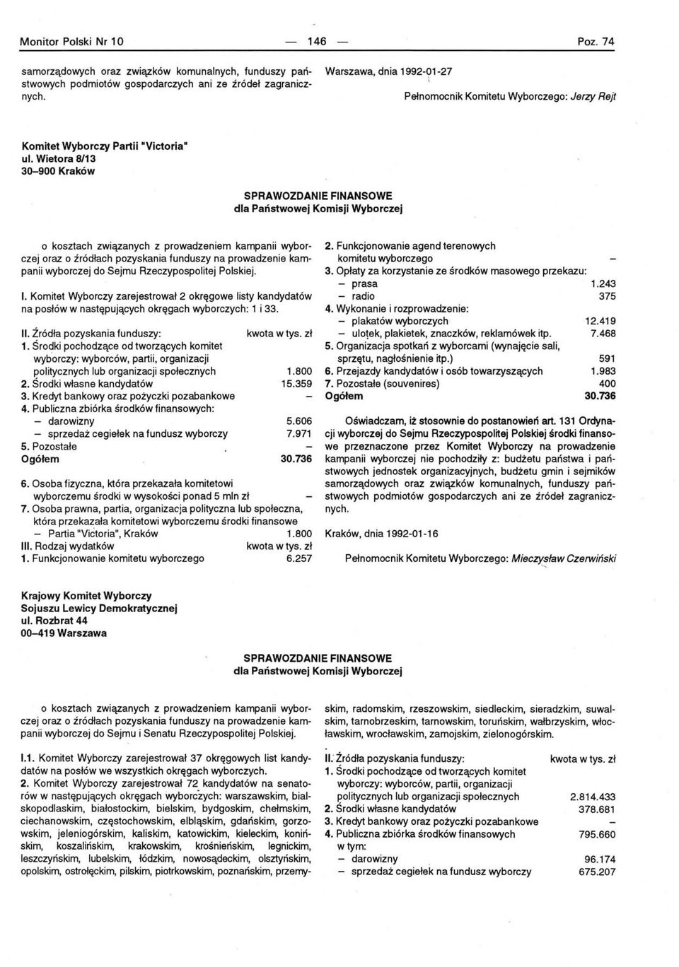 Komitet Wyborczy zarejestrował 2 okręgowe listy kandydatów na posłów w następujących okręgach wyborczych: 1 i 33. 4.
