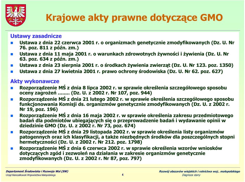 prawo ochrony środowiska (Dz. U. Nr 62. poz. 627) Akty wykonawcze Rozporządzenie MŚ z dnia 8 lipca 2002 r. w sprawie określenia szczegółowego sposobu oceny zagroŝeń... (Dz. U. z 2002 r. Nr 107, poz.