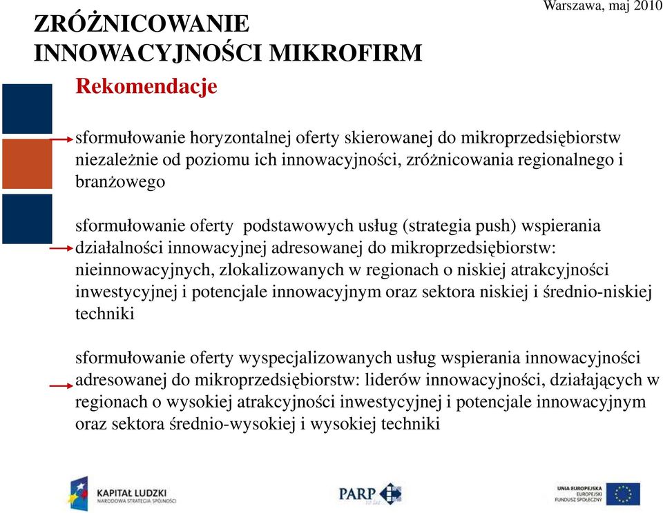 w regionach o niskiej atrakcyjności inwestycyjnej i potencjale innowacyjnym oraz sektora niskiej i średnio-niskiej techniki sformułowanie oferty wyspecjalizowanych usług wspierania