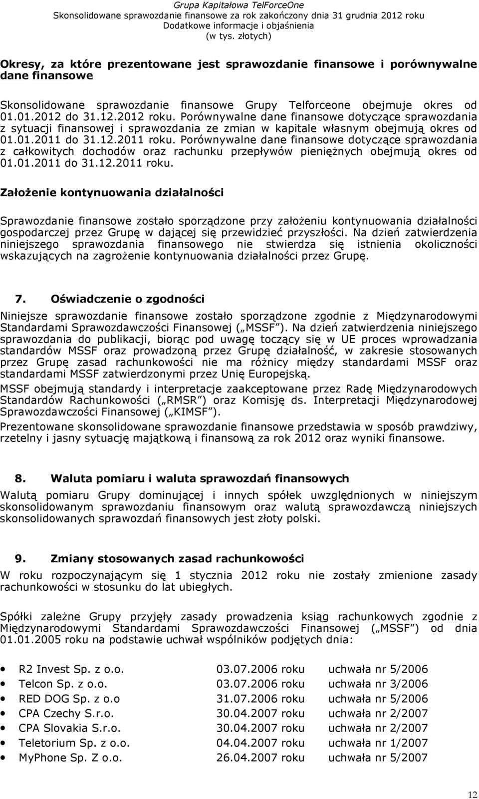 Porównywalne dane finansowe dotyczące sprawozdania z całkowitych dochodów oraz rachunku przepływów pieniężnych obejmują okres od 01.01.2011 do 31.12.2011 roku.