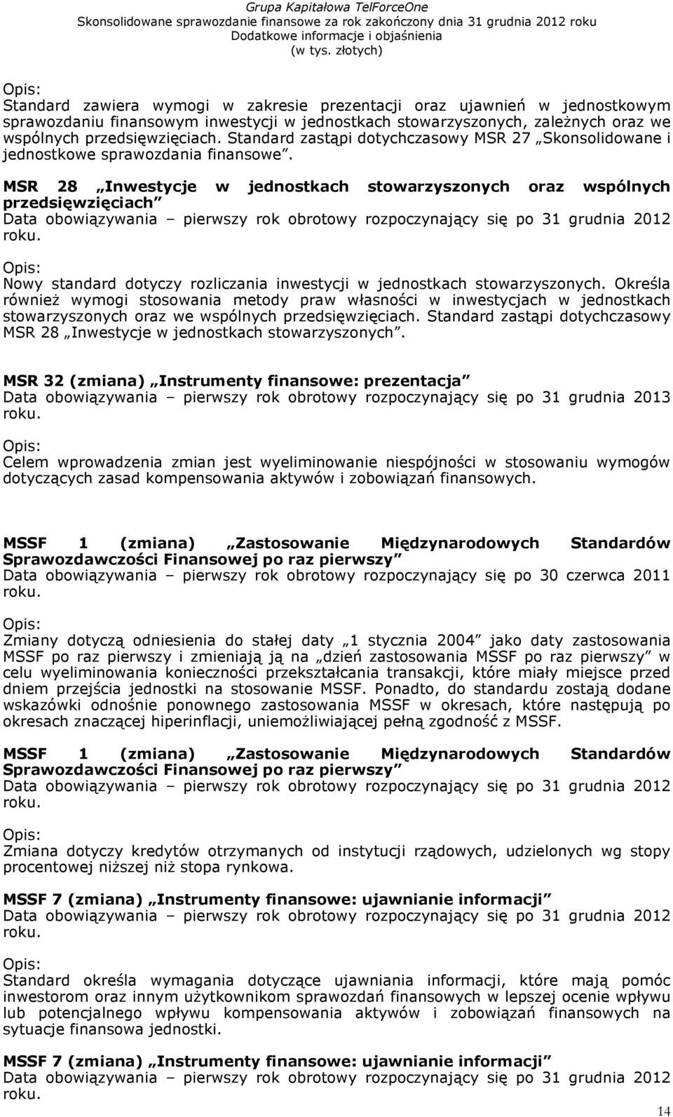 MSR 28 Inwestycje w jednostkach stowarzyszonych oraz wspólnych przedsięwzięciach Data obowiązywania pierwszy rok obrotowy rozpoczynający się po 31 grudnia 2012 roku.