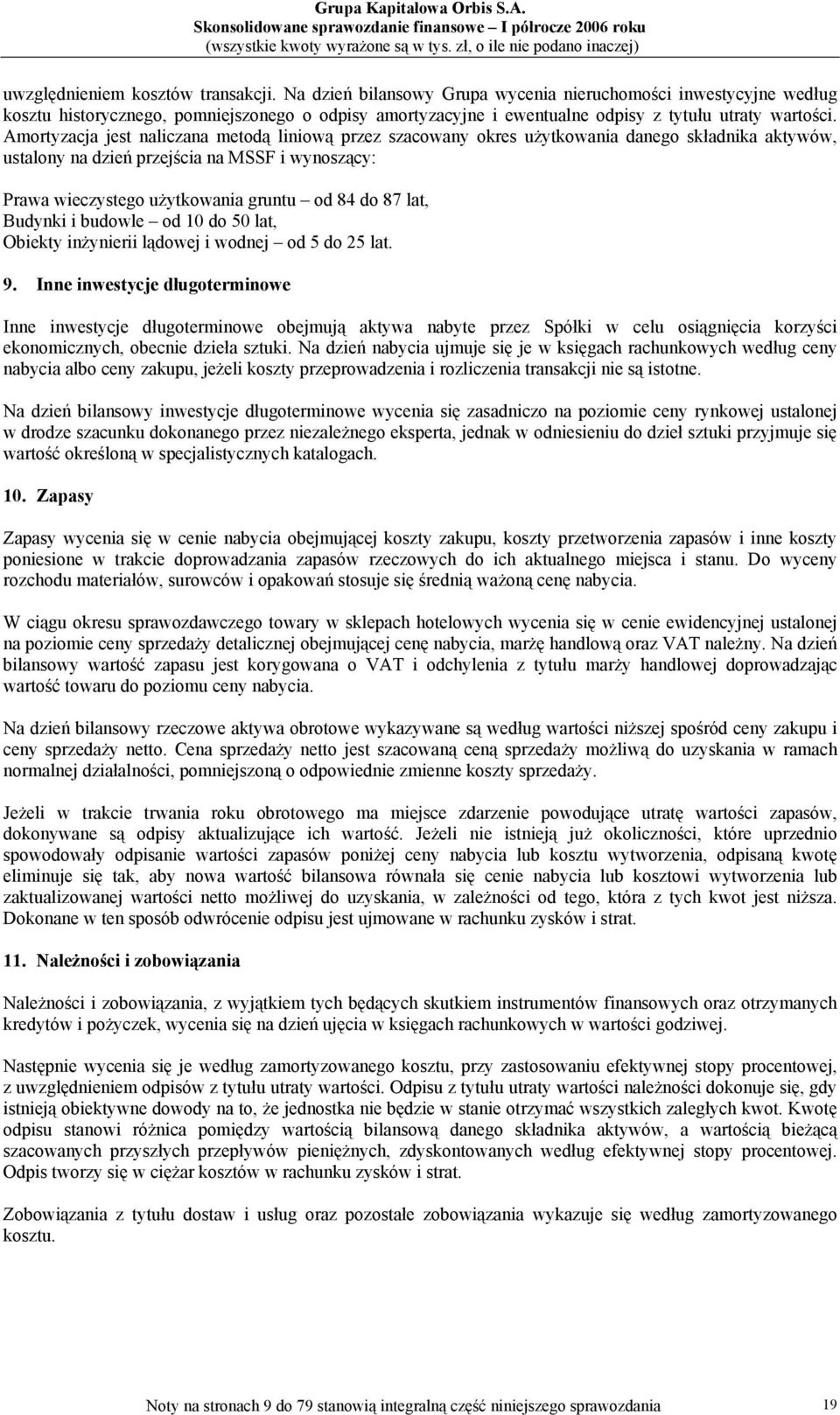 Amortyzacja jest naliczana metodą liniową przez szacowany okres użytkowania danego składnika aktywów, ustalony na dzień przejścia na MSSF i wynoszący: Prawa wieczystego użytkowania gruntu od 84 do 87