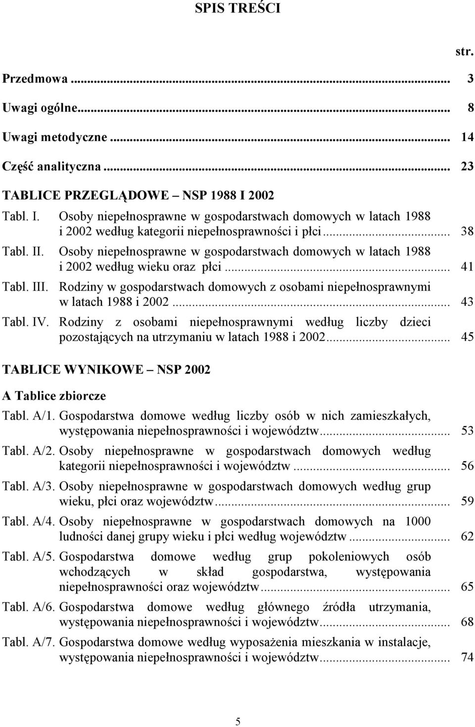 Osoby niepełnosprawne w gospodarstwach domowych w latach 1988 i 2002 według wieku oraz płci... 41 Tabl. III. Rodziny w gospodarstwach domowych z osobami niepełnosprawnymi w latach 1988 i 2002.