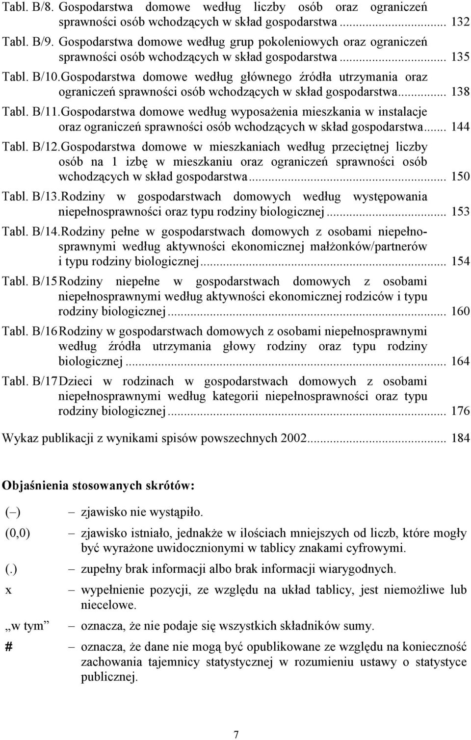 Gospodarstwa domowe według głównego źródła utrzymania oraz ograniczeń sprawności osób wchodzących w skład gospodarstwa... 138 Tabl. B/11.